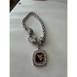 West Virginia Mountaineers WV Charm Bracelet Rhinestone Silver Tone Heart Clasp